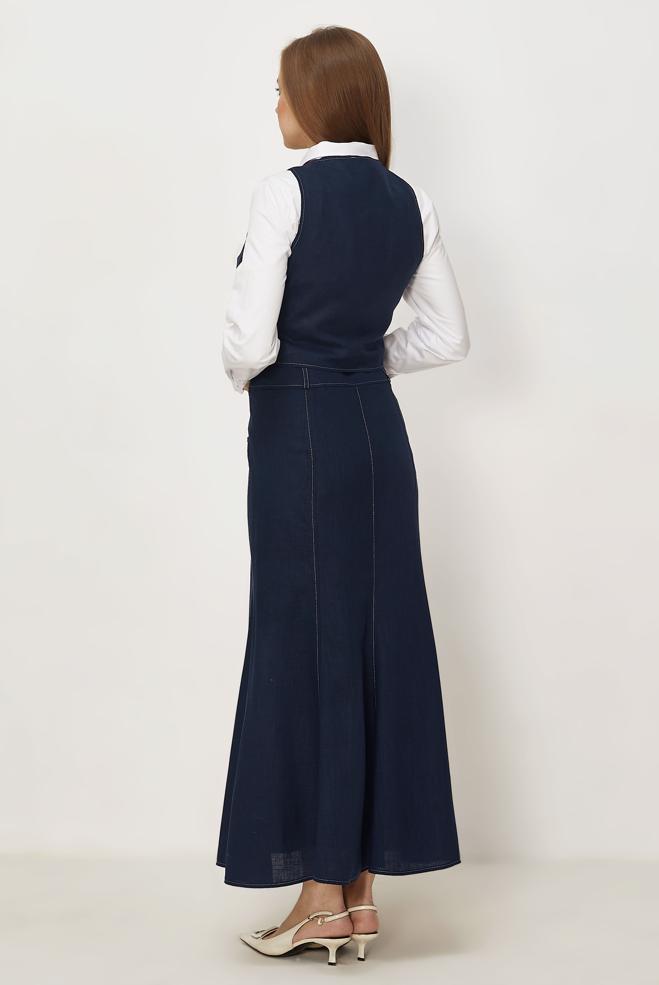 Hijab-Kleidung NAVY BLAU SET MIT LEINENROCK 46418 - ALVİNA