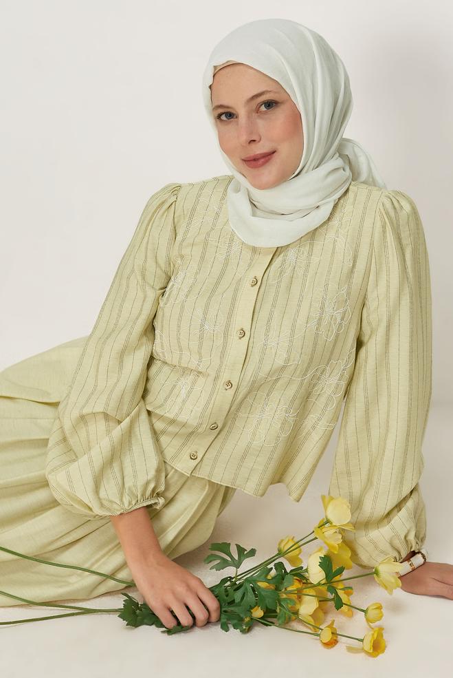 Tesettür giyim SARI ÇİZGİLİ KETEN ETEKLİ TAKIM 46434 - ALVİNA