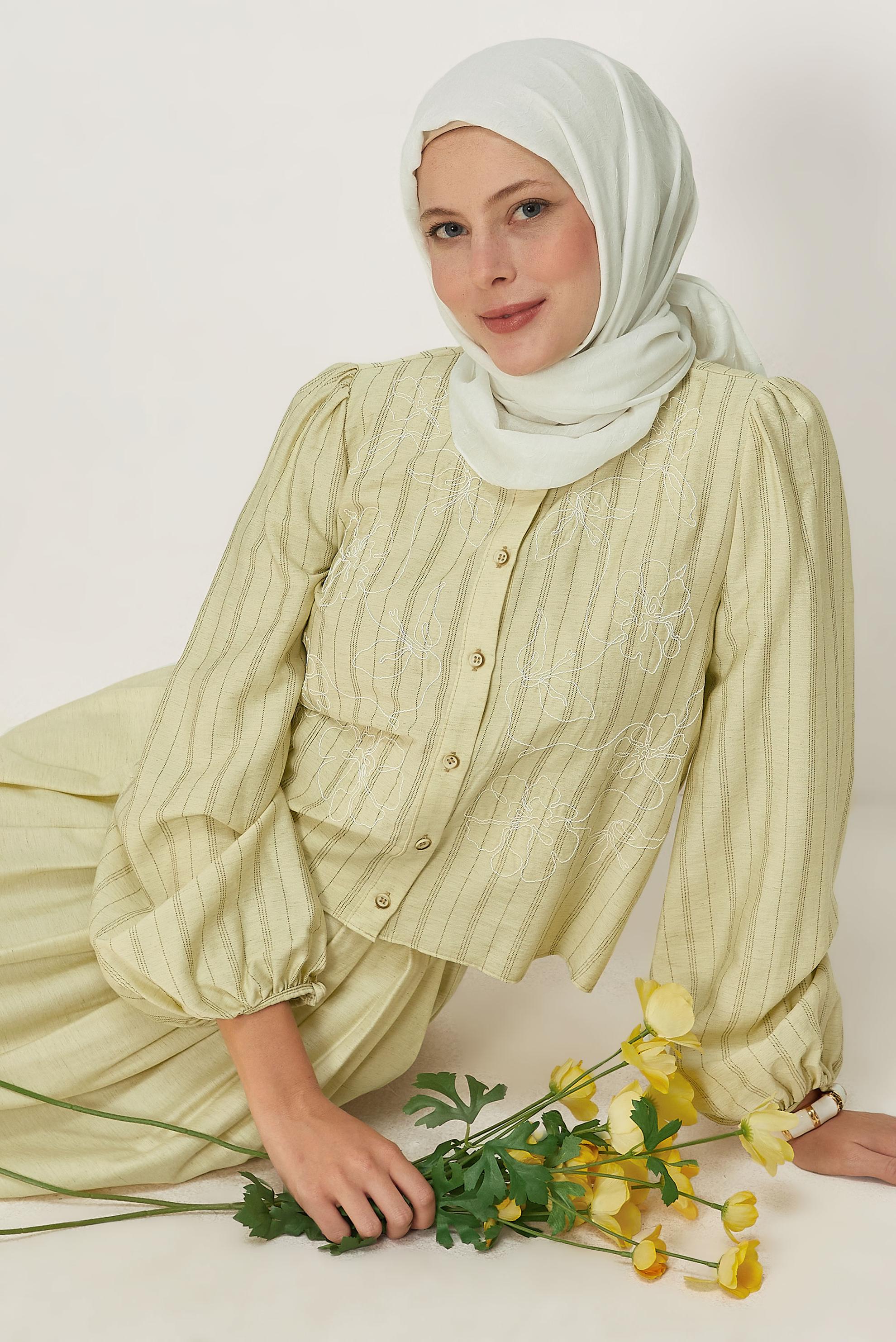 Tesettür giyim SARI ÇİZGİLİ KETEN ETEKLİ TAKIM 46434