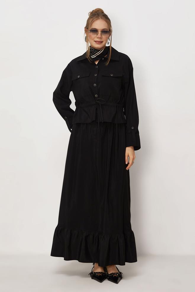 Tesettür giyim SİYAH ETEKLİ PARAŞÜT KUMAŞ TAKIM 46438 - ALVİNA