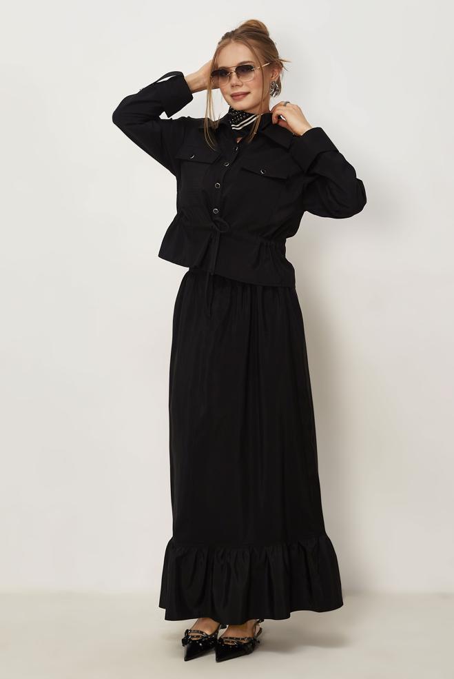 Tesettür giyim SİYAH ETEKLİ PARAŞÜT KUMAŞ TAKIM 46438 - ALVİNA