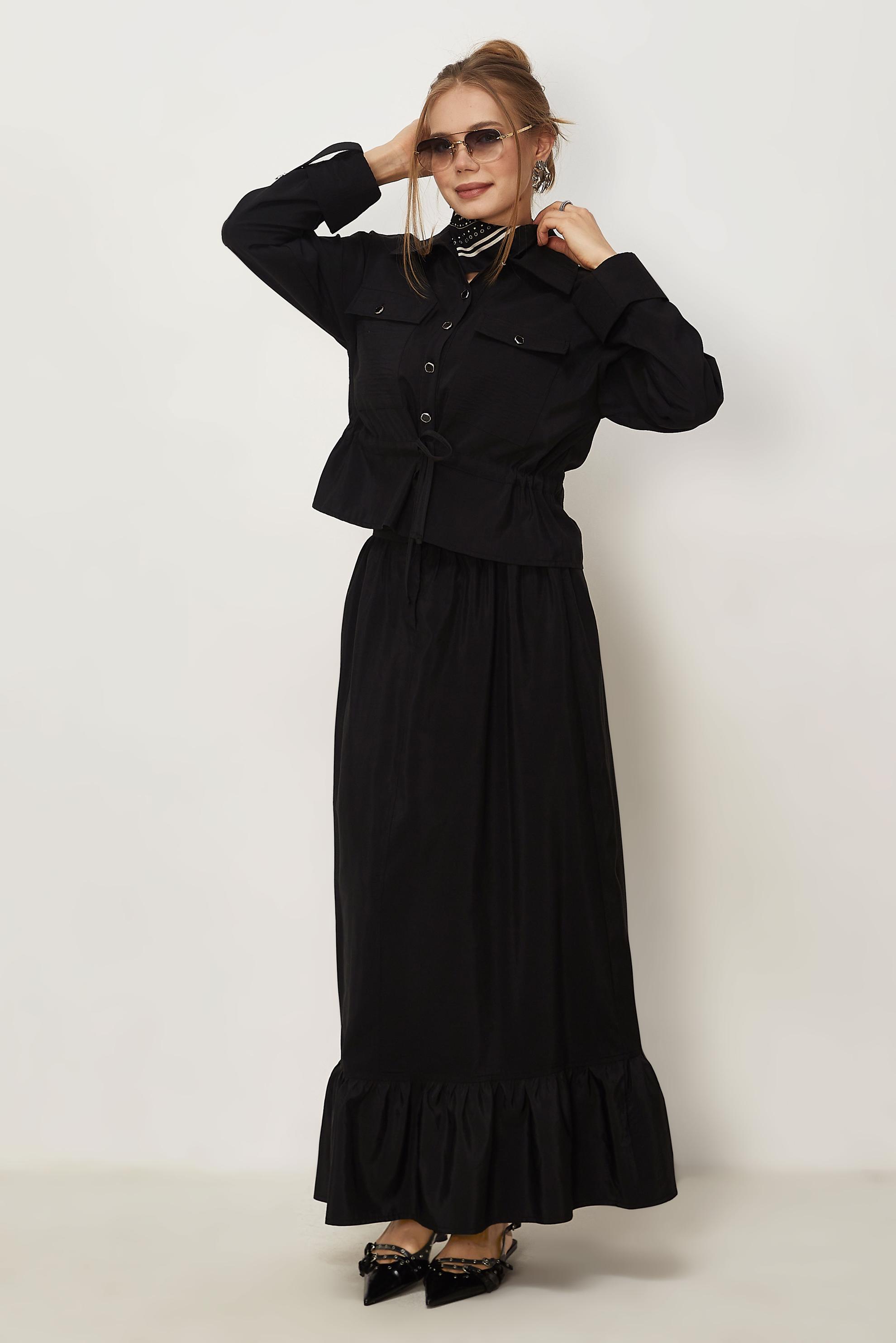 Tesettür giyim SİYAH ETEKLİ PARAŞÜT KUMAŞ TAKIM 46438