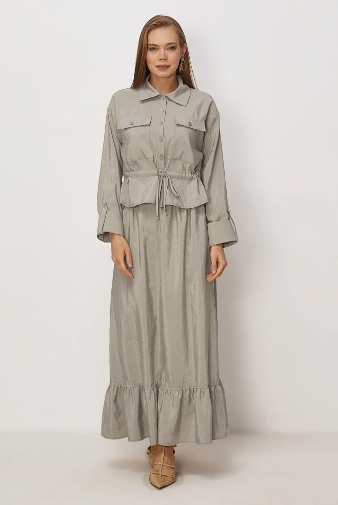 Tesettür giyim BEJ ETEKLİ PARAŞÜT KUMAŞ TAKIM 46438 - ALVİNA