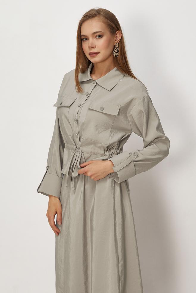 Tesettür giyim BEJ ETEKLİ PARAŞÜT KUMAŞ TAKIM 46438 - ALVİNA