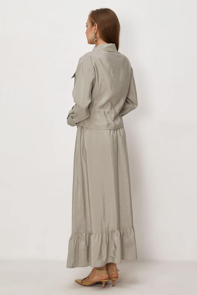 Tesettür giyim BEJ ETEKLİ PARAŞÜT KUMAŞ TAKIM 46438 - ALVİNA