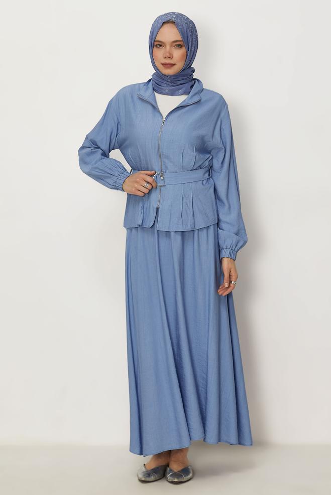 Hijab-Kleidung BLAU ANZUG MIT GÜRTELROCK 46463 - ALVİNA