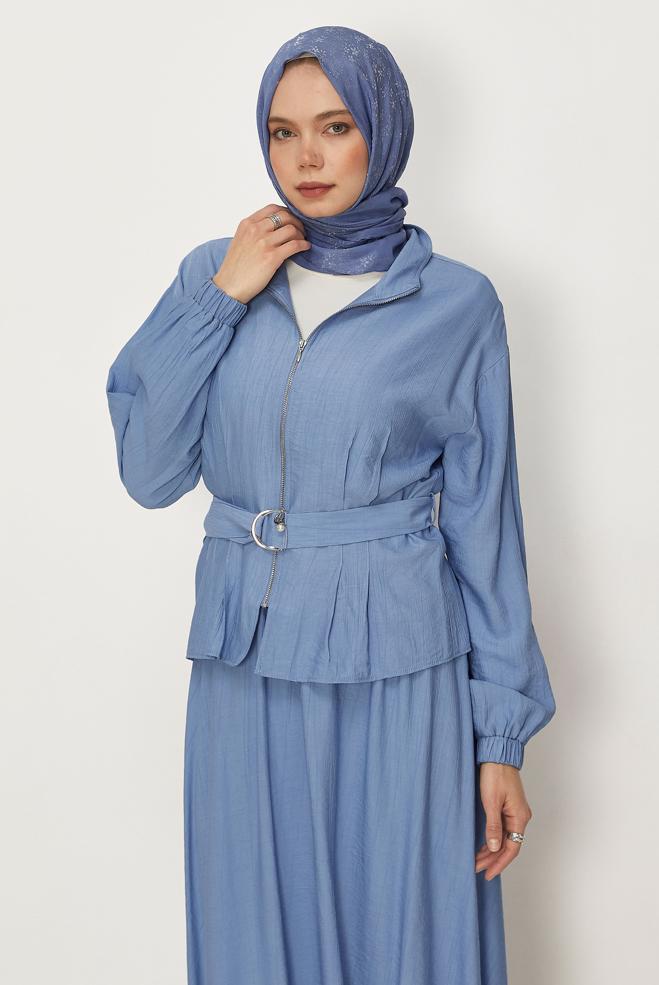 Hijab-Kleidung BLAU ANZUG MIT GÜRTELROCK 46463 - ALVİNA