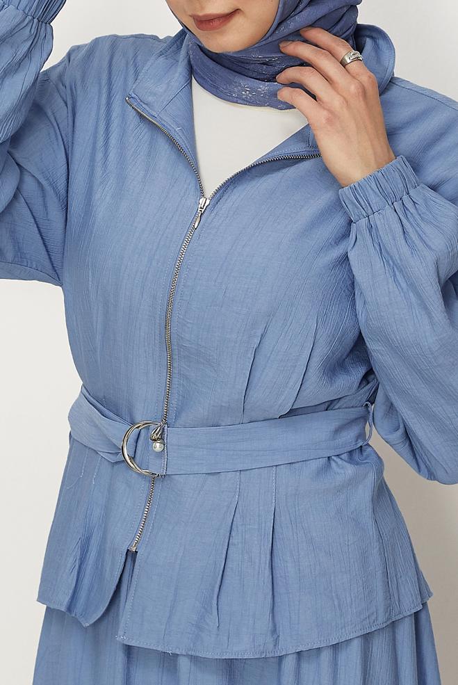 Hijab-Kleidung BLAU ANZUG MIT GÜRTELROCK 46463 - ALVİNA