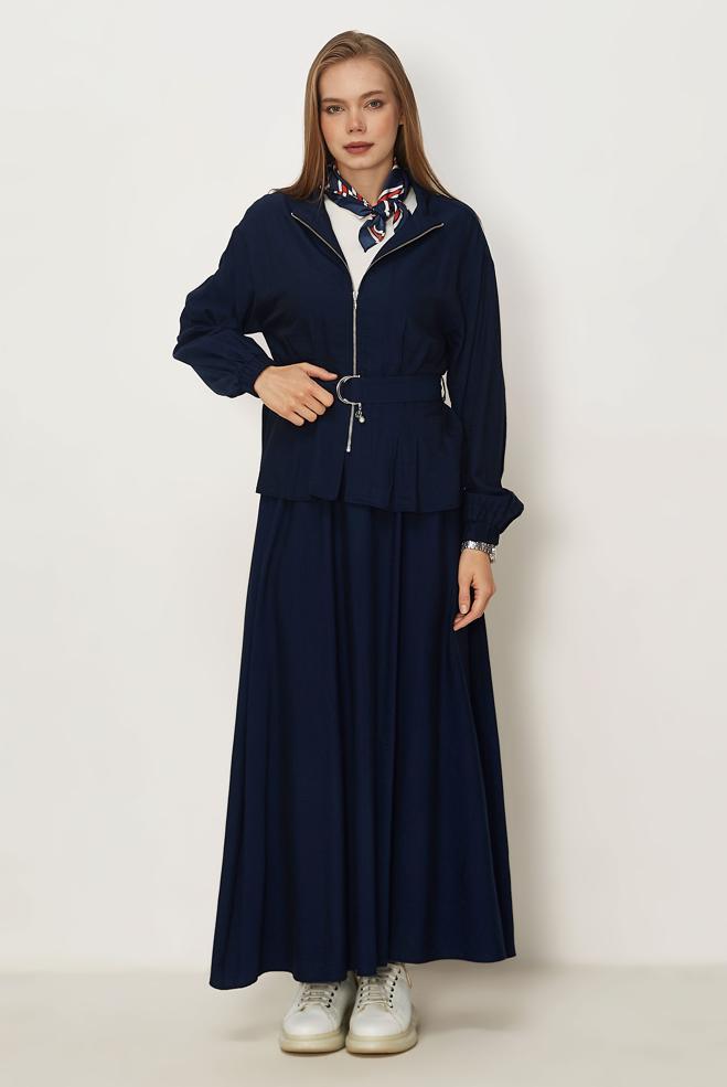 Tesettür giyim LACİVERT ETEKLİ KEMERLİ TAKIM 46463 - ALVİNA