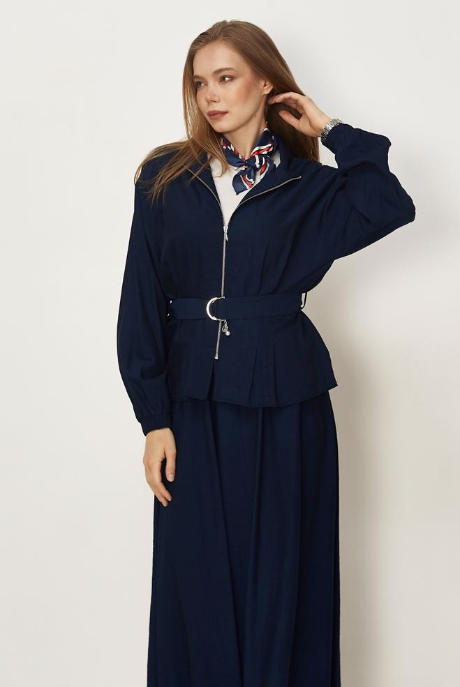 Tesettür giyim LACİVERT ETEKLİ KEMERLİ TAKIM 46463 - ALVİNA