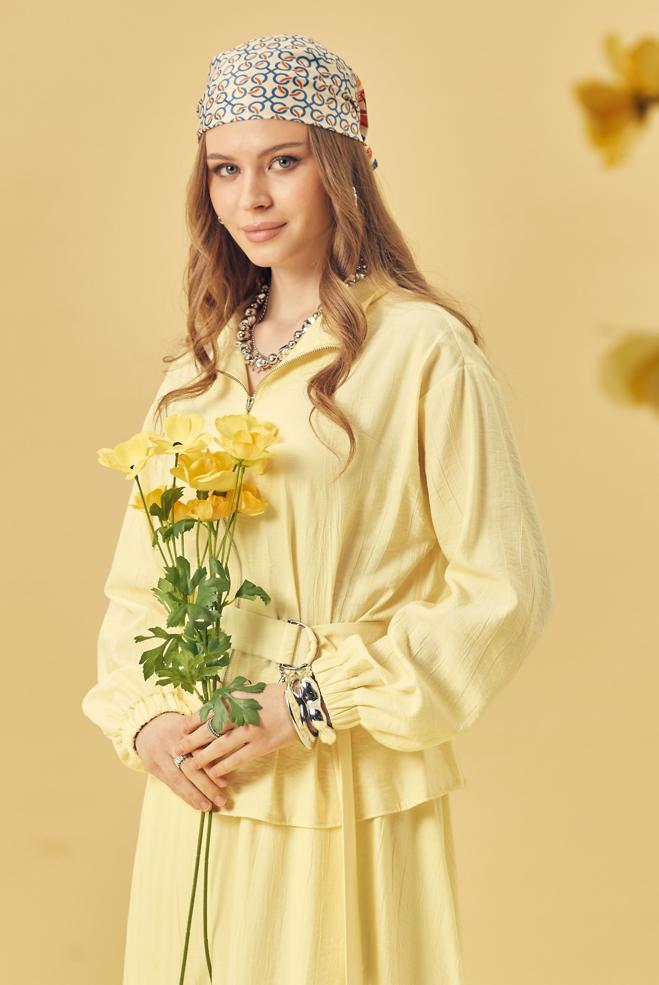Hijab-Kleidung GELB ANZUG MIT GÜRTELROCK 46463 - ALVİNA