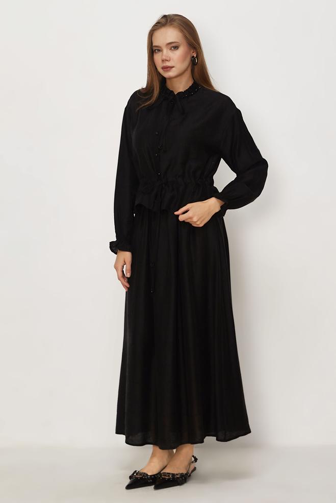 Tesettür giyim SİYAH BAĞCIKLI ETEKLİ TAKIM 46601 - ALVİNA