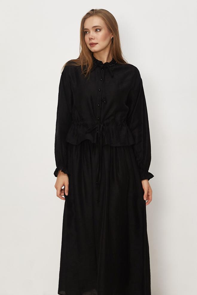 Tesettür giyim SİYAH BAĞCIKLI ETEKLİ TAKIM 46601 - ALVİNA