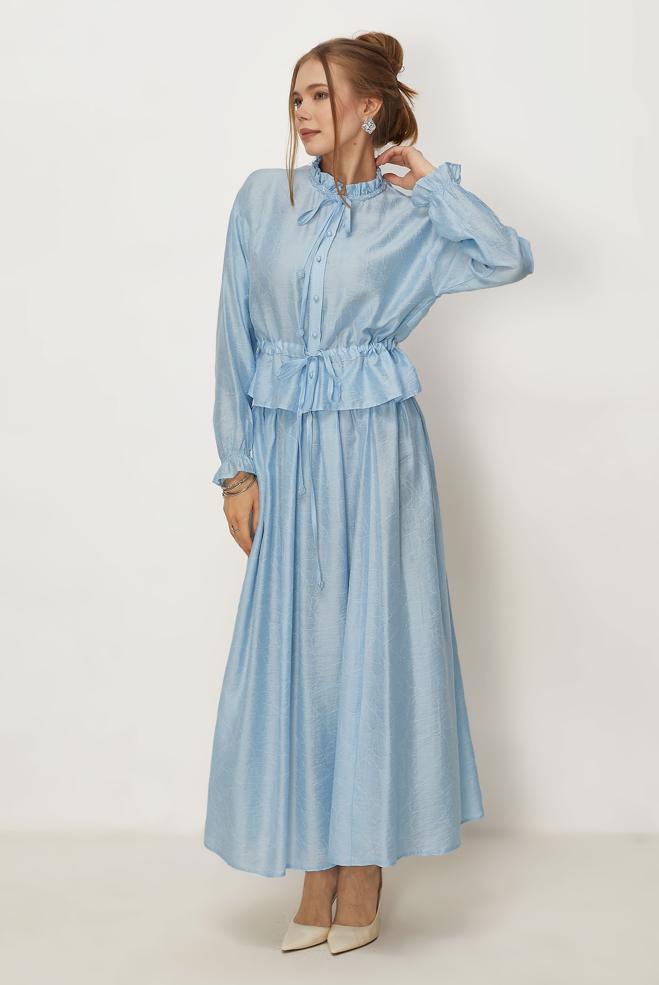 Tesettür giyim MAVİ BAĞCIKLI ETEKLİ TAKIM 46601 - ALVİNA