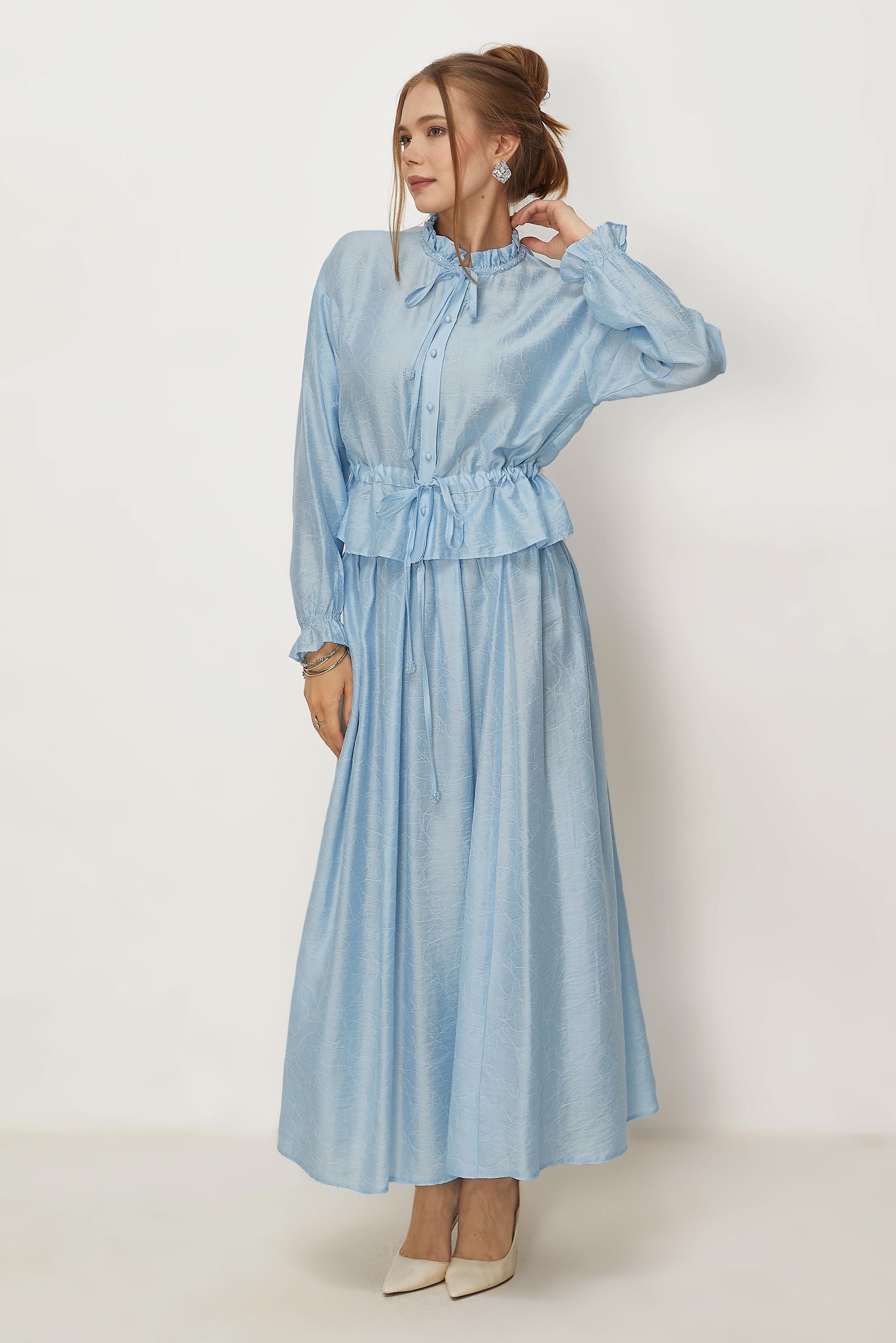 Tesettür giyim MAVİ BAĞCIKLI ETEKLİ TAKIM 46601