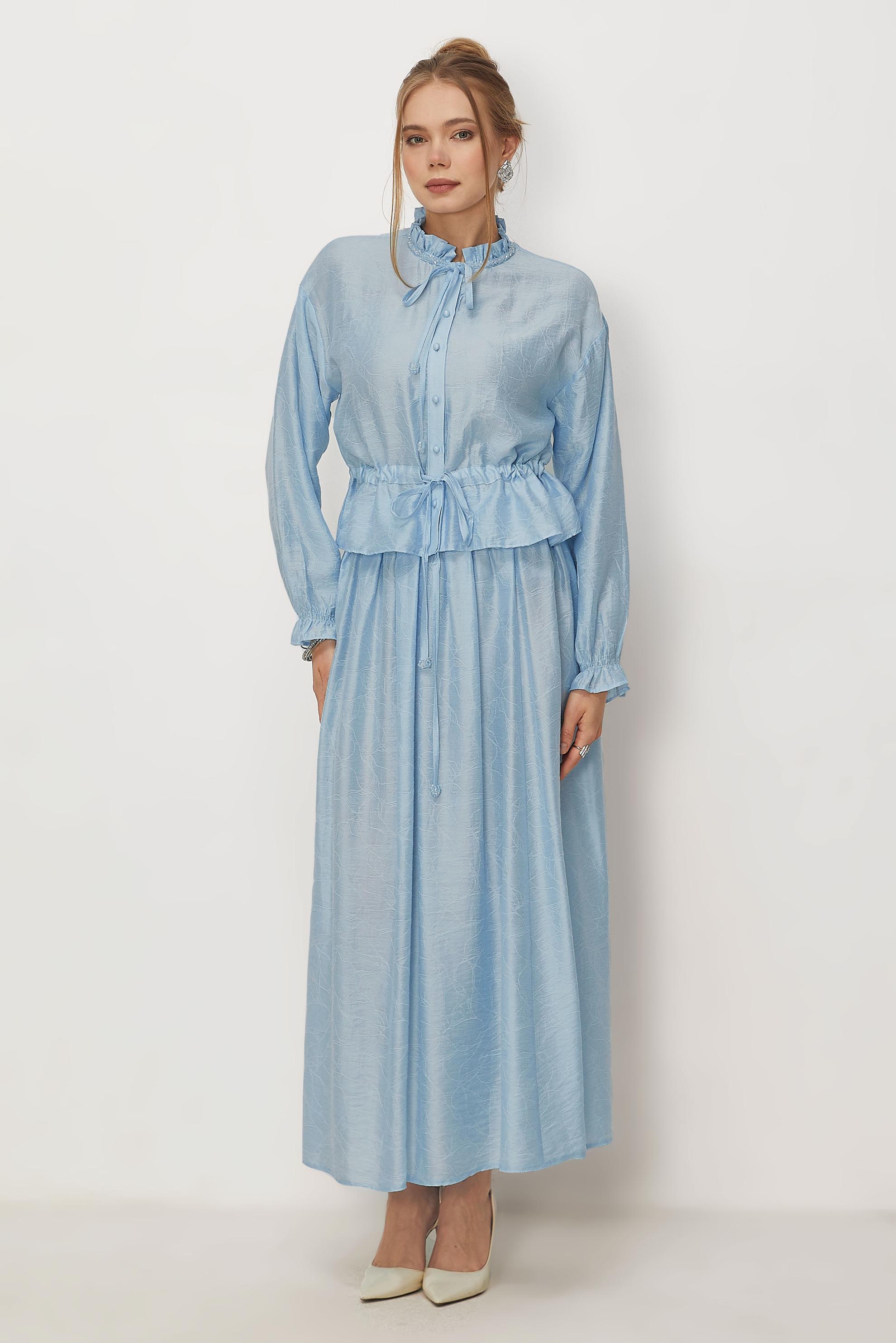 Tesettür giyim MAVİ BAĞCIKLI ETEKLİ TAKIM 46601