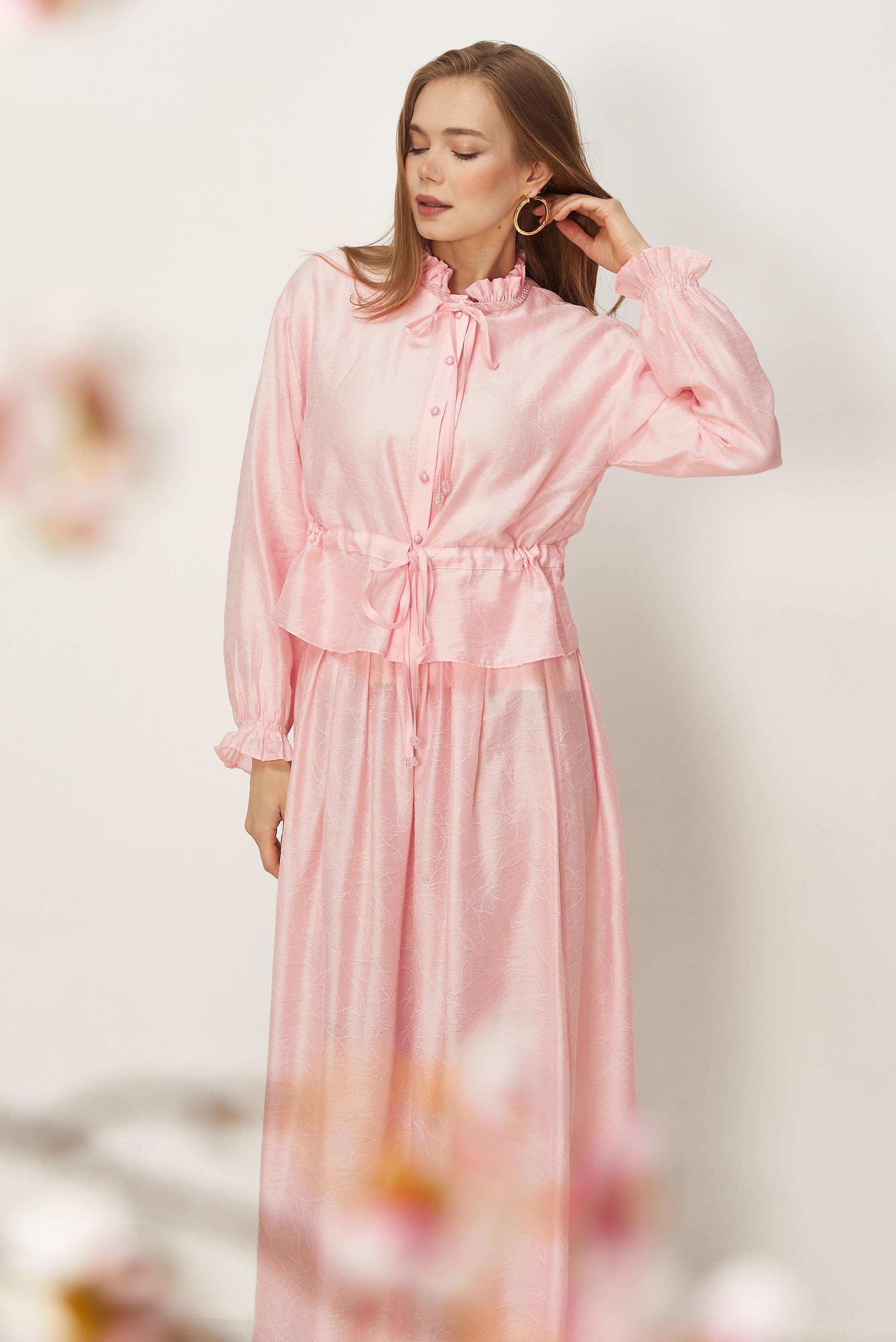 Tesettür giyim PEMBE BAĞCIKLI ETEKLİ TAKIM 46601