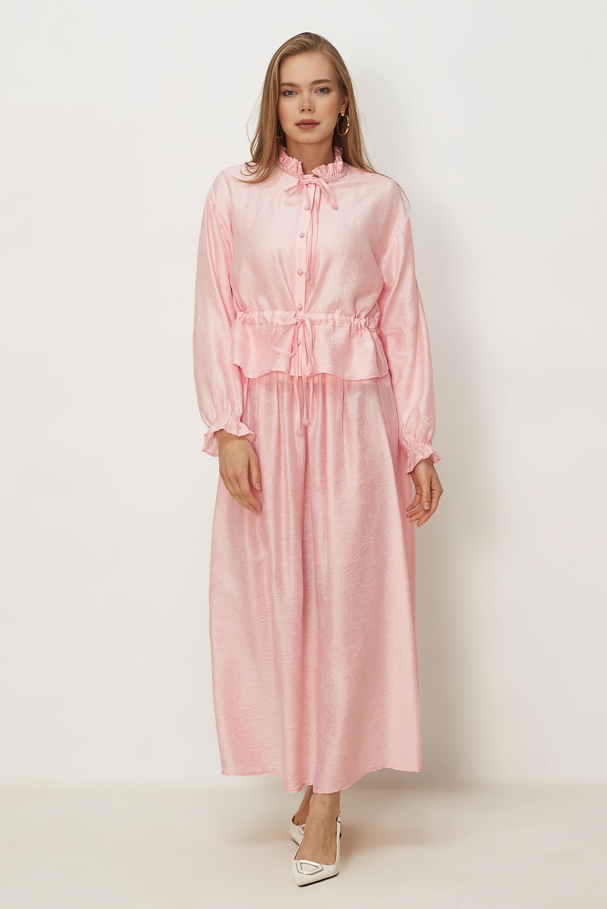 Tesettür giyim PEMBE BAĞCIKLI ETEKLİ TAKIM 46601