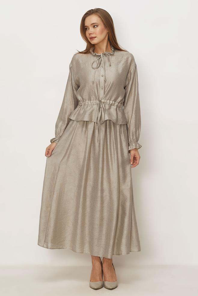 Tesettür giyim BEJ BAĞCIKLI ETEKLİ TAKIM 46601 - ALVİNA