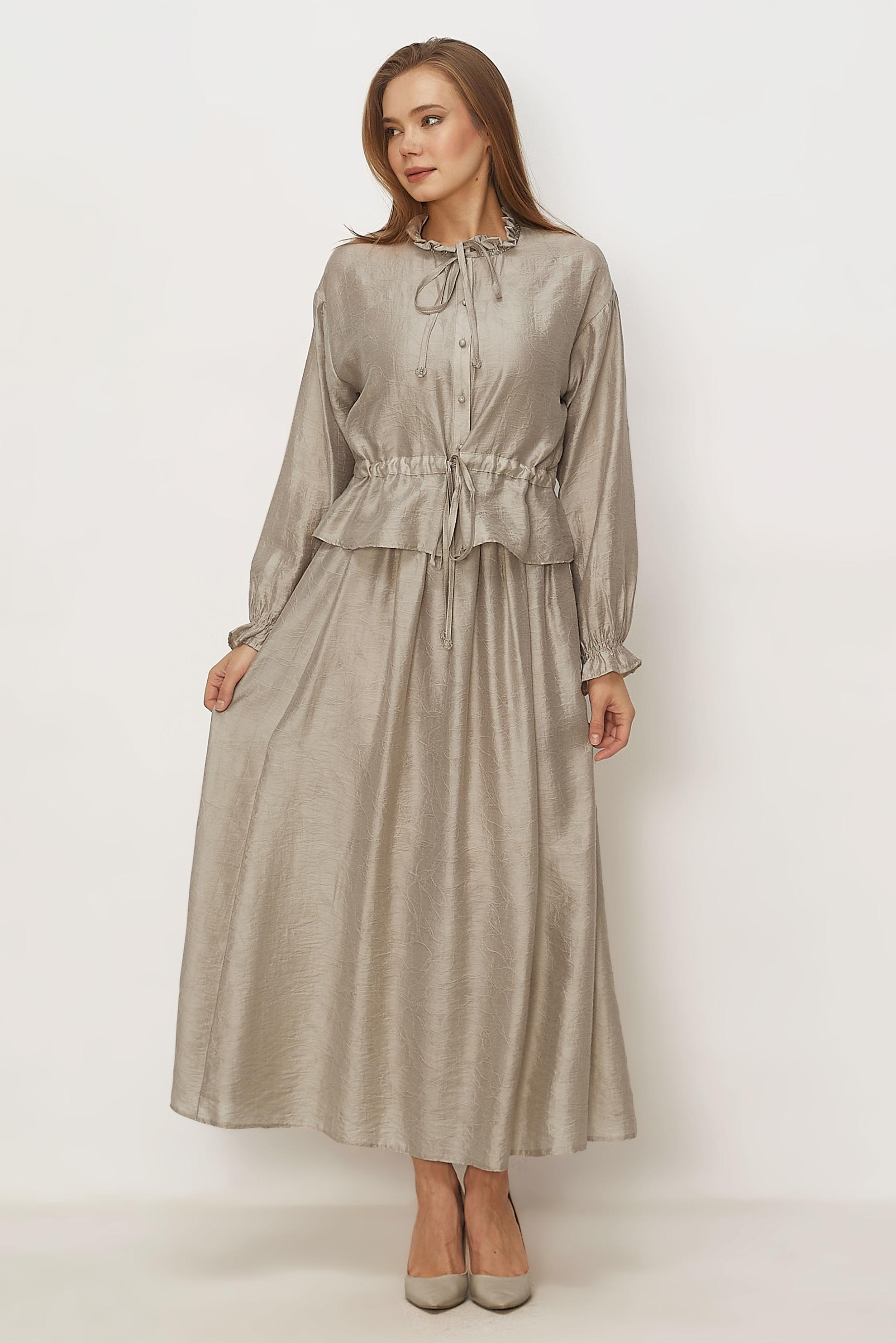 Tesettür giyim BEJ BAĞCIKLI ETEKLİ TAKIM 46601