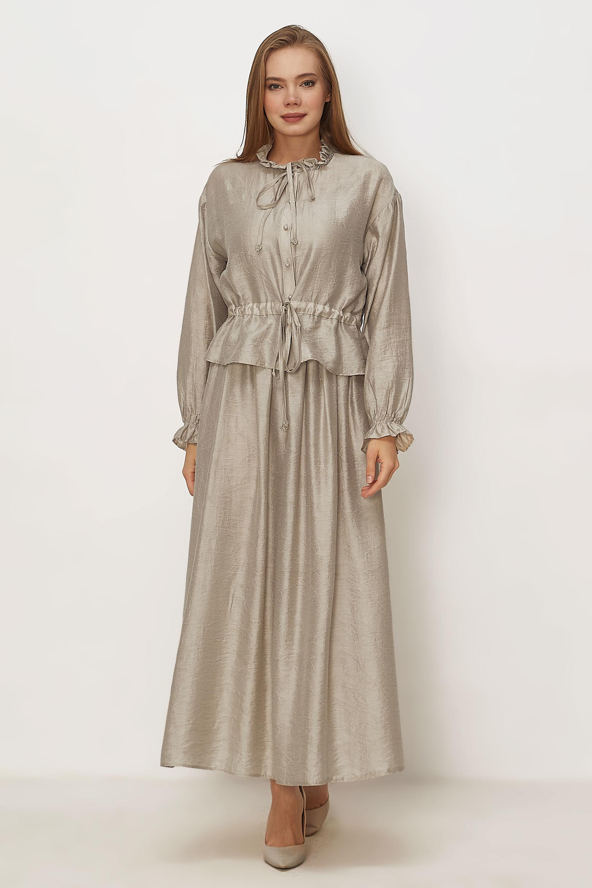 Tesettür giyim BEJ BAĞCIKLI ETEKLİ TAKIM 46601