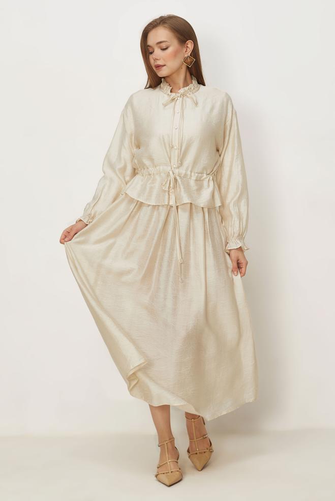 Tesettür giyim EKRU BAĞCIKLI ETEKLİ TAKIM 46601 - ALVİNA