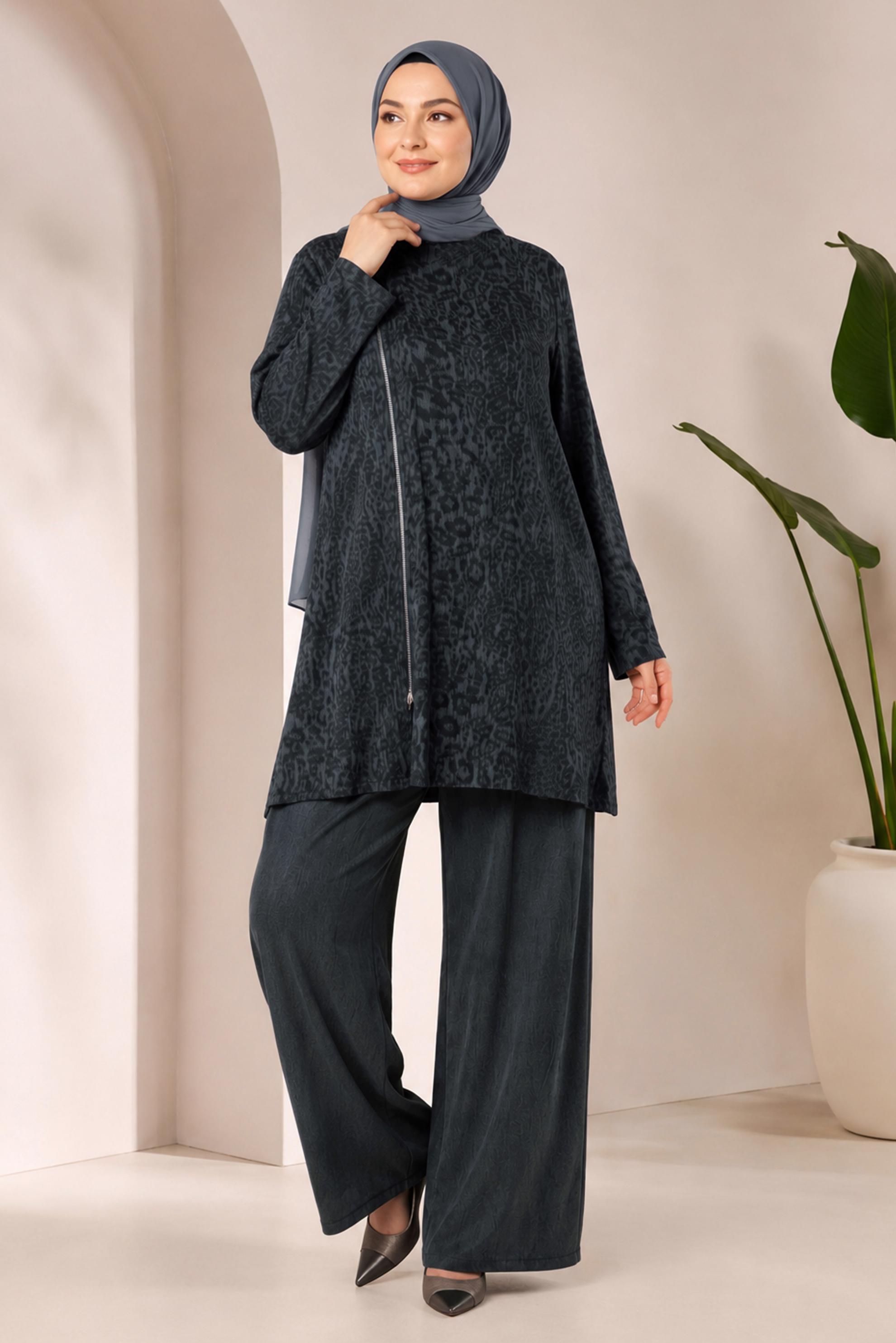 Vêtements hijab NOIR ENSEMBLE PANTALON DÉTAILLÉ À GLISSIÈRE 20911