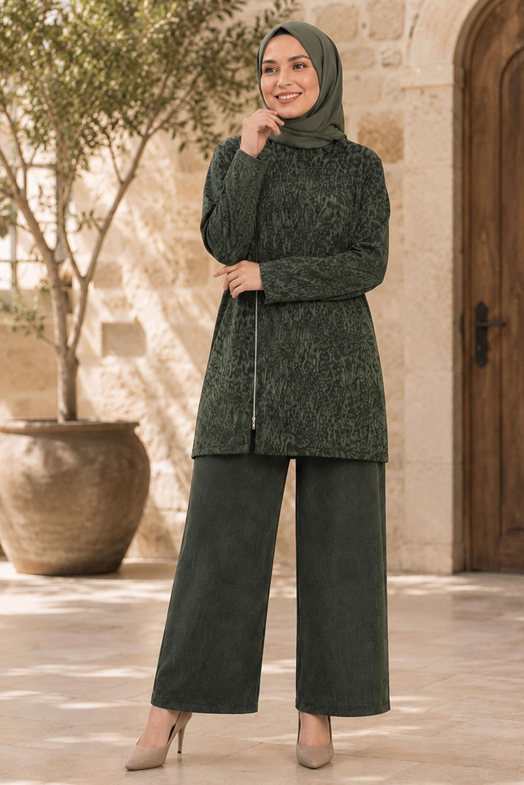 Vêtements hijab KAKI ENSEMBLE PANTALON DÉTAILLÉ À GLISSIÈRE 20911