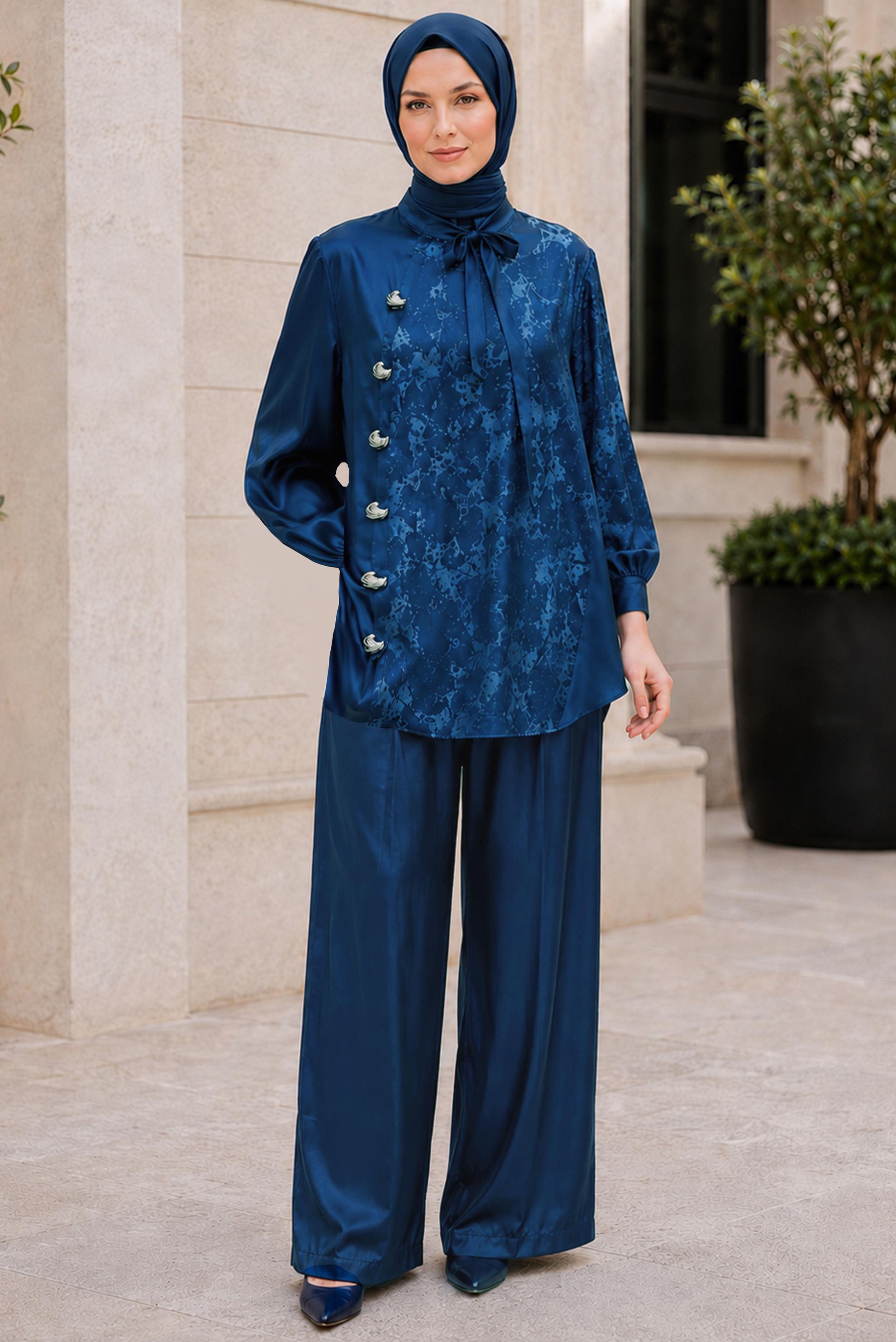 Vêtements hijab BLEU MARINE ENSEMBLE PANTALON JACQUARD SATINÉ 20959