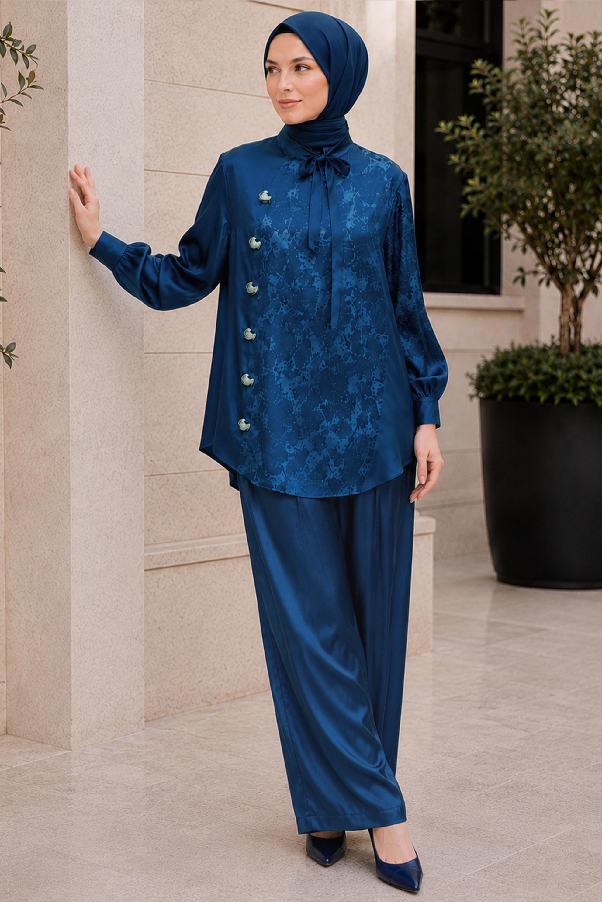 Vêtements hijab BLEU MARINE ENSEMBLE PANTALON JACQUARD SATINÉ 20959