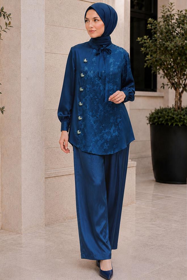 Vêtements hijab BLEU MARINE ENSEMBLE PANTALON JACQUARD SATINÉ 20959 - ALVİNA