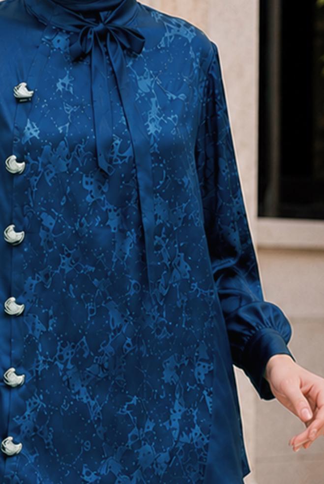Vêtements hijab BLEU MARINE ENSEMBLE PANTALON JACQUARD SATINÉ 20959 - ALVİNA