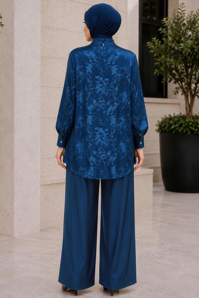 Vêtements hijab BLEU MARINE ENSEMBLE PANTALON JACQUARD SATINÉ 20959 - ALVİNA