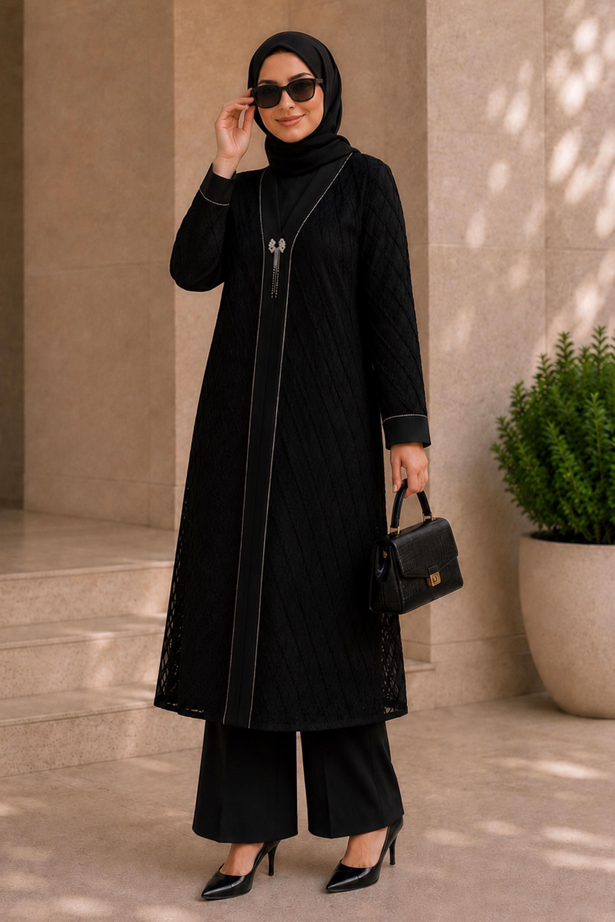 Vêtements hijab NOIR ENSEMBLE PANTALON TROIS PIÈCES JACQUARD SATINÉ 20989