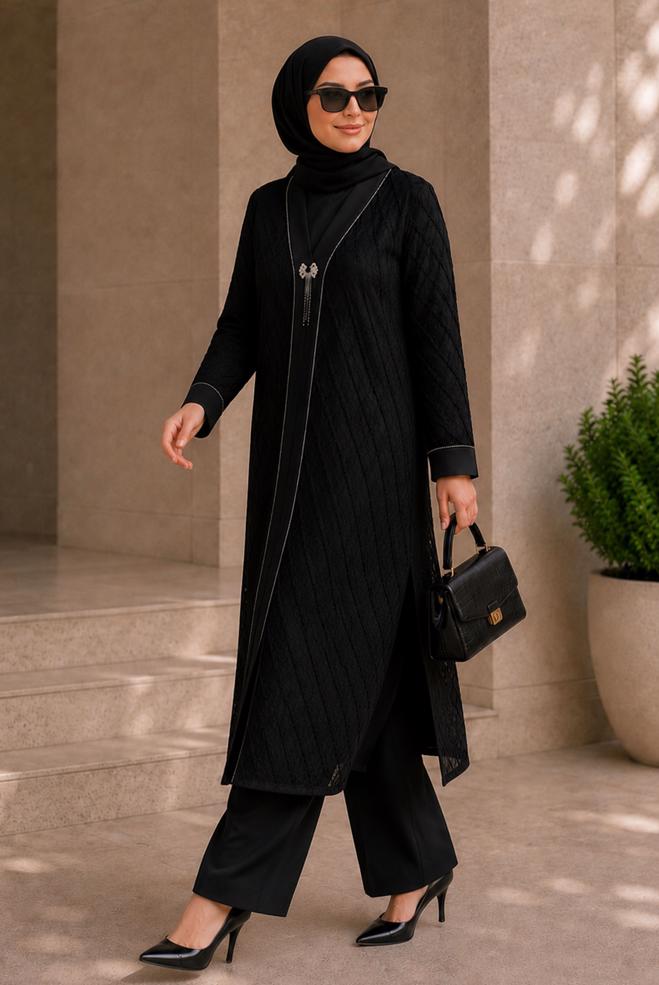 Vêtements hijab NOIR ENSEMBLE PANTALON TROIS PIÈCES JACQUARD SATINÉ 20989 - ALVİNA