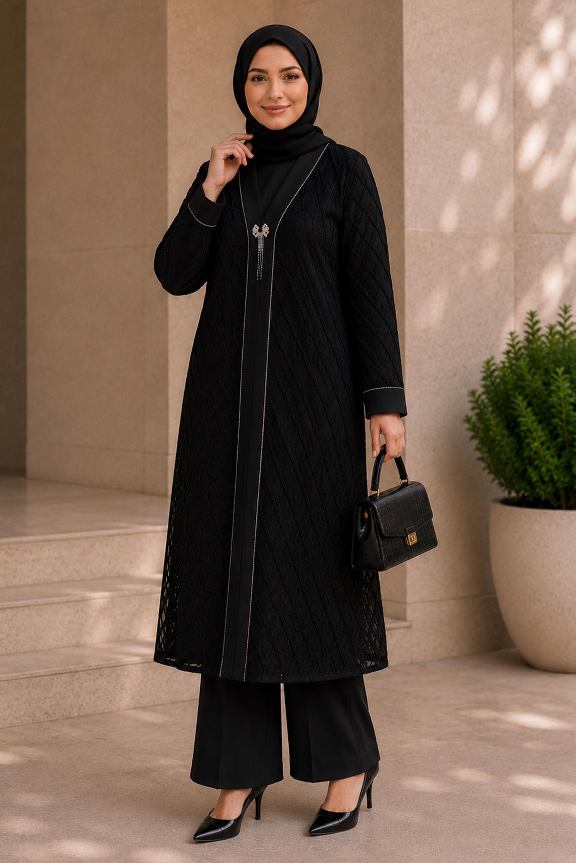 Vêtements hijab NOIR ENSEMBLE PANTALON TROIS PIÈCES JACQUARD SATINÉ 20989
