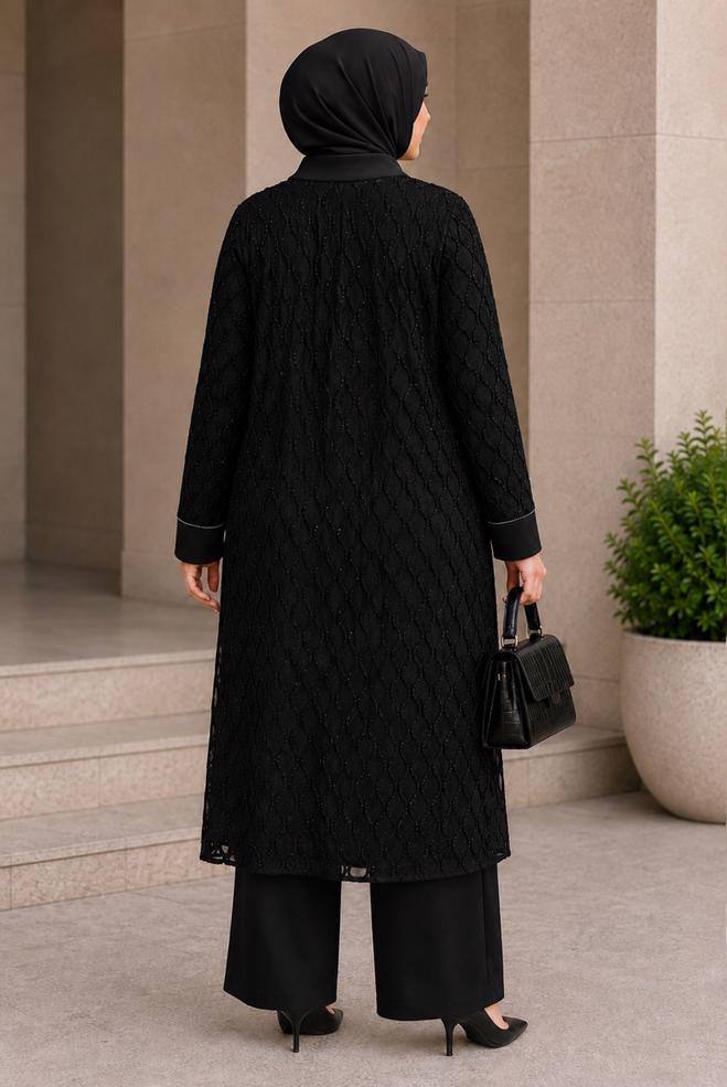 Vêtements hijab NOIR ENSEMBLE PANTALON TROIS PIÈCES JACQUARD SATINÉ 20989 - ALVİNA