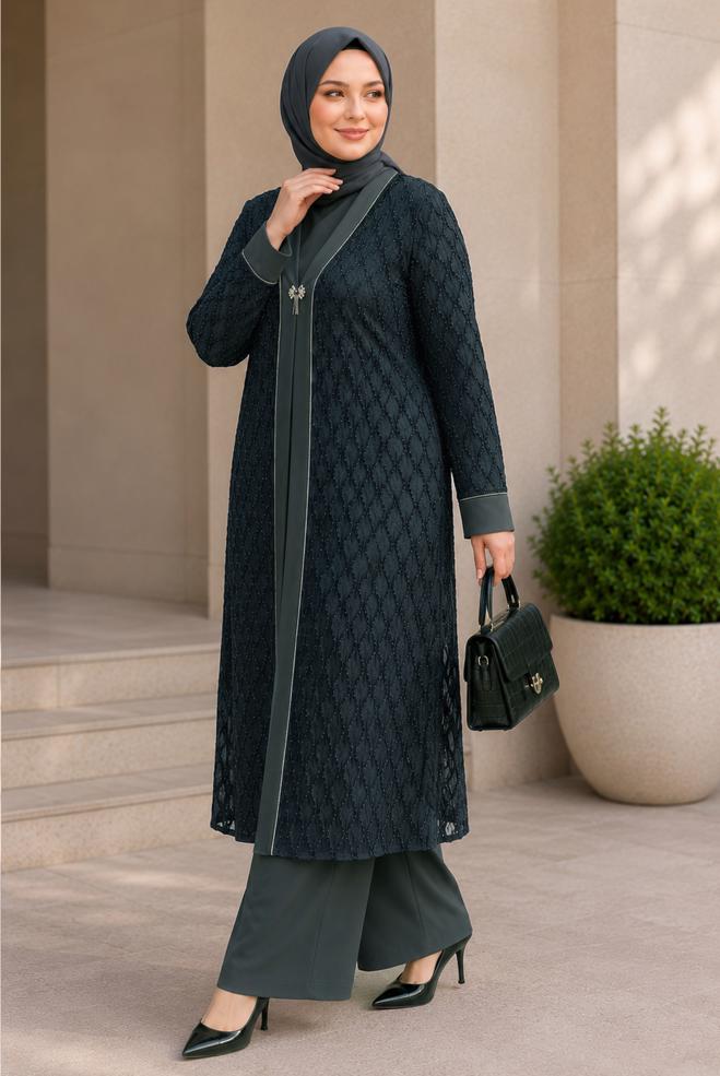 Vêtements hijab BEIGE ENSEMBLE PANTALON TROIS PIÈCES JACQUARD SATINÉ 20989 - ALVİNA