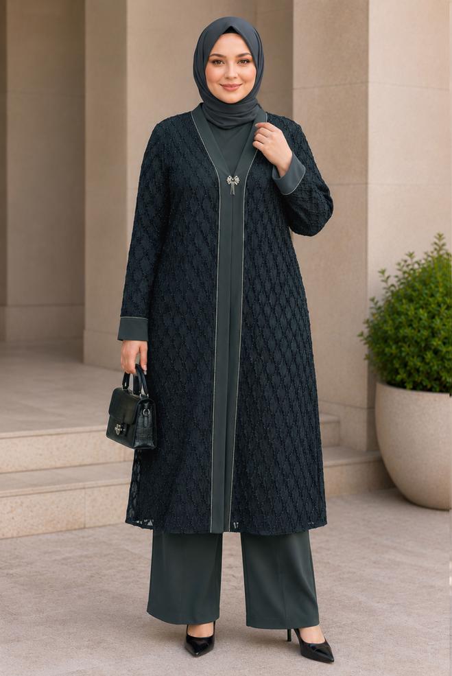 Vêtements hijab BEIGE ENSEMBLE PANTALON TROIS PIÈCES JACQUARD SATINÉ 20989 - ALVİNA