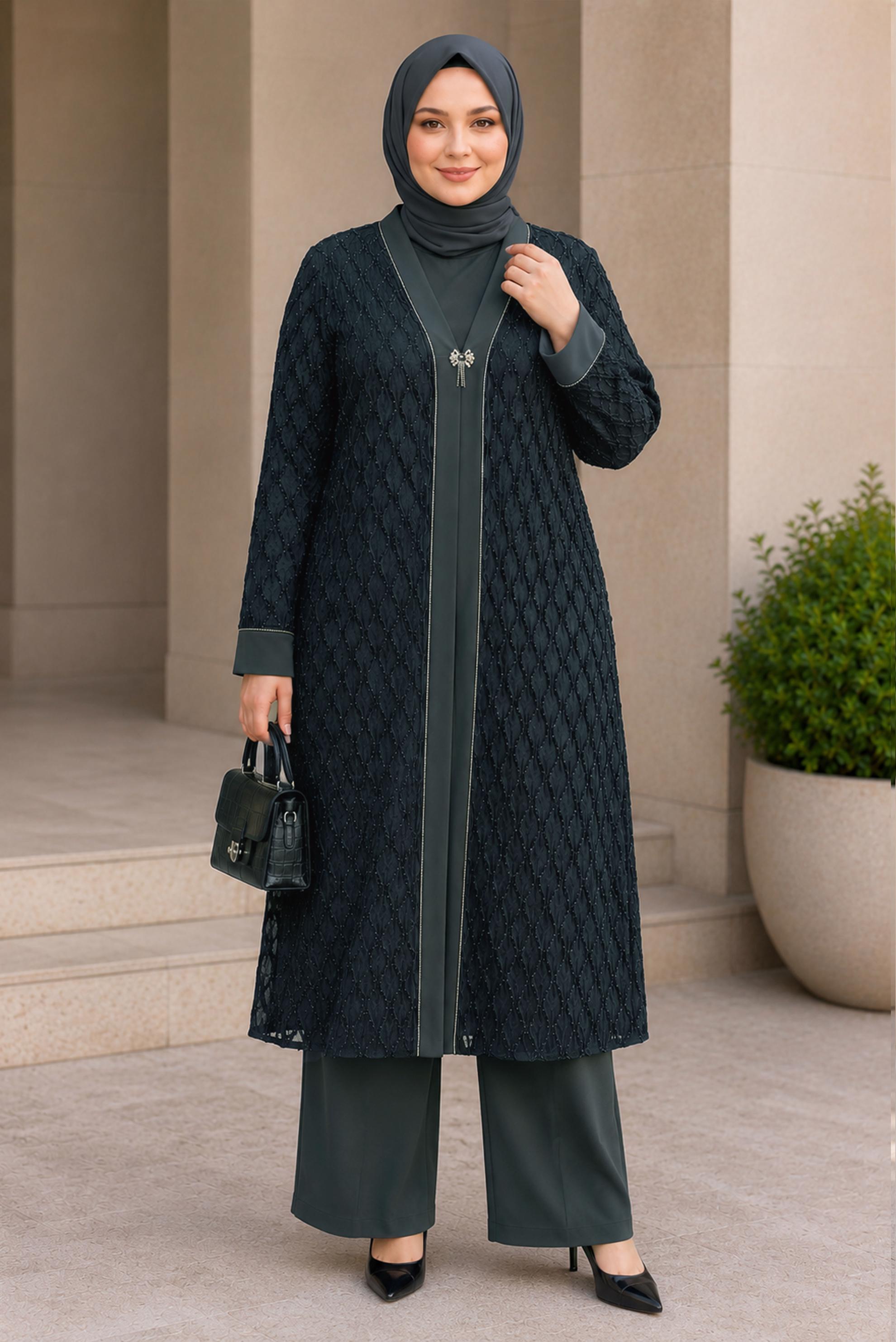 Vêtements hijab BEIGE ENSEMBLE PANTALON TROIS PIÈCES JACQUARD SATINÉ 20989