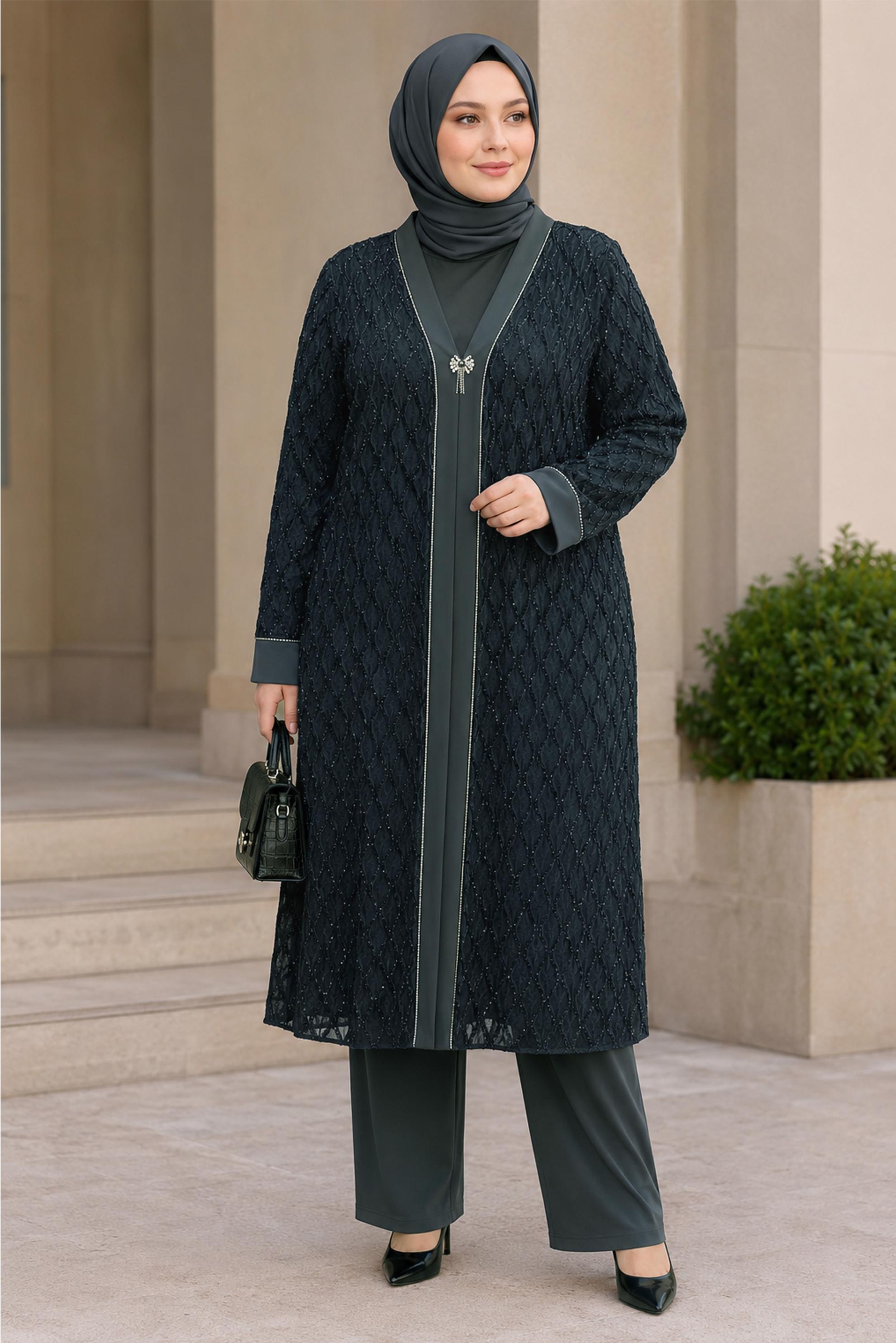 Vêtements hijab BEIGE ENSEMBLE PANTALON TROIS PIÈCES JACQUARD SATINÉ 20989