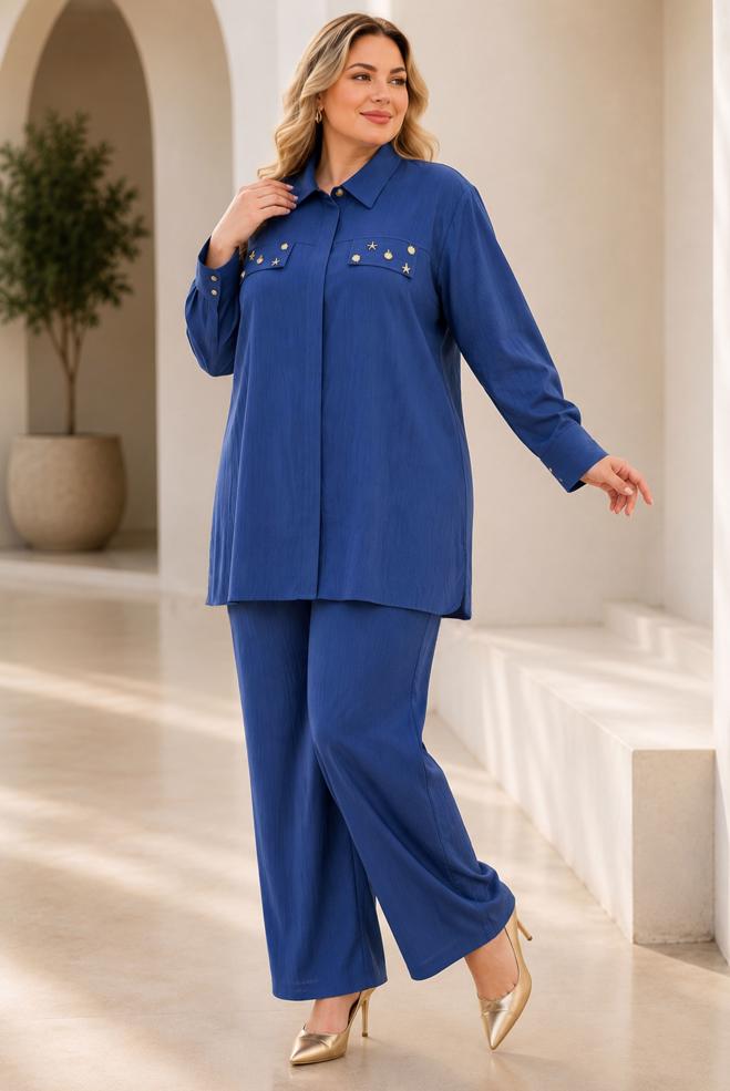 Hijab clothing NAVY BLUE SHIRT COLLAR PANTSUIT 21011 - ALVİNA