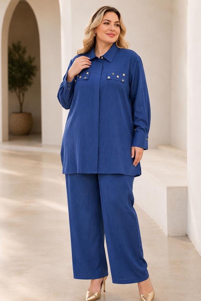 Hijab clothing NAVY BLUE SHIRT COLLAR PANTSUIT 21011 - ALVİNA