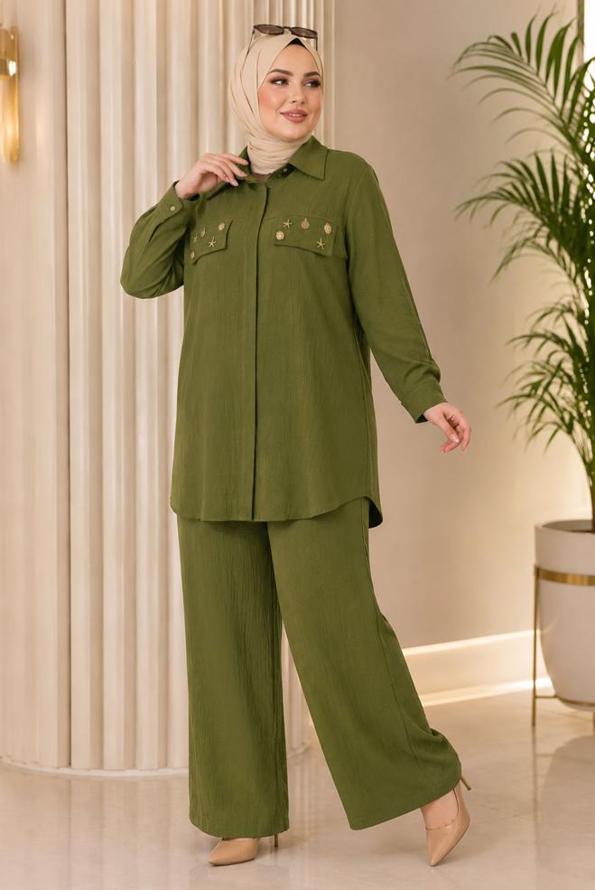 Hijab clothing GREEN SHIRT COLLAR PANTSUIT 21011 - ALVİNA