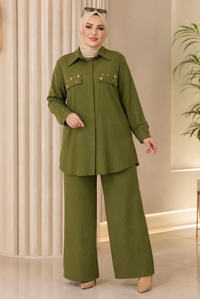 Hijab clothing GREEN SHIRT COLLAR PANTSUIT 21011 - ALVİNA