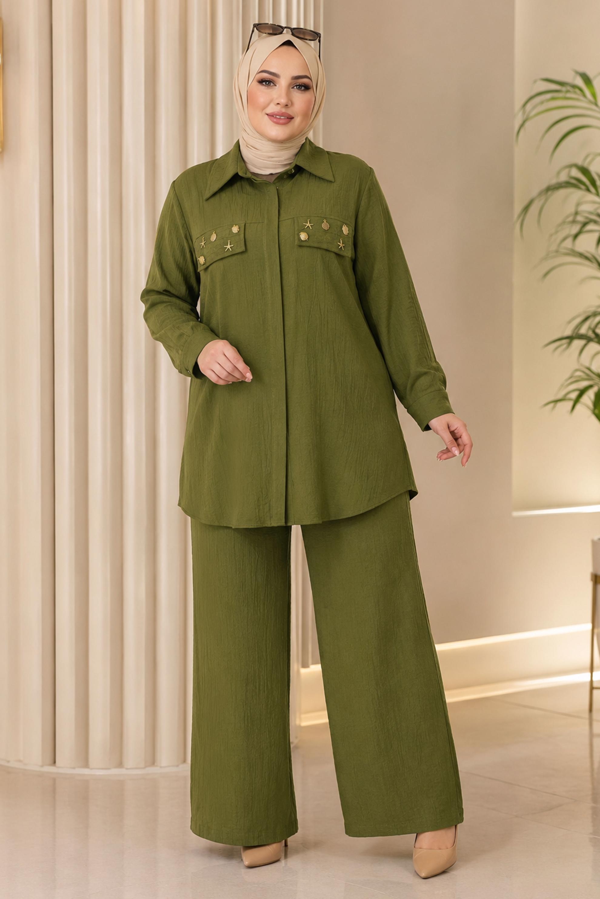 Hijab clothing GREEN SHIRT COLLAR PANTSUIT 21011