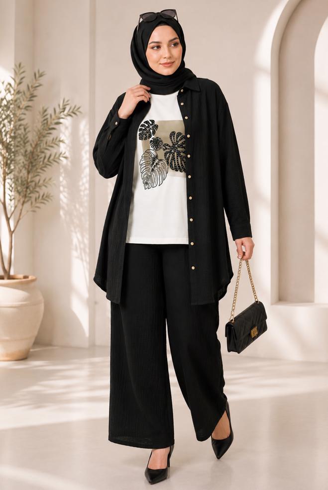 Vêtements hijab NOIR ENSEMBLE PANTALON TROIS PIÈCES COL CHEMISE 21013 - ALVİNA