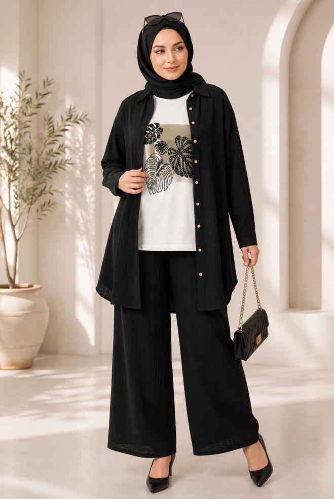 Vêtements hijab NOIR ENSEMBLE PANTALON TROIS PIÈCES COL CHEMISE 21013 - ALVİNA