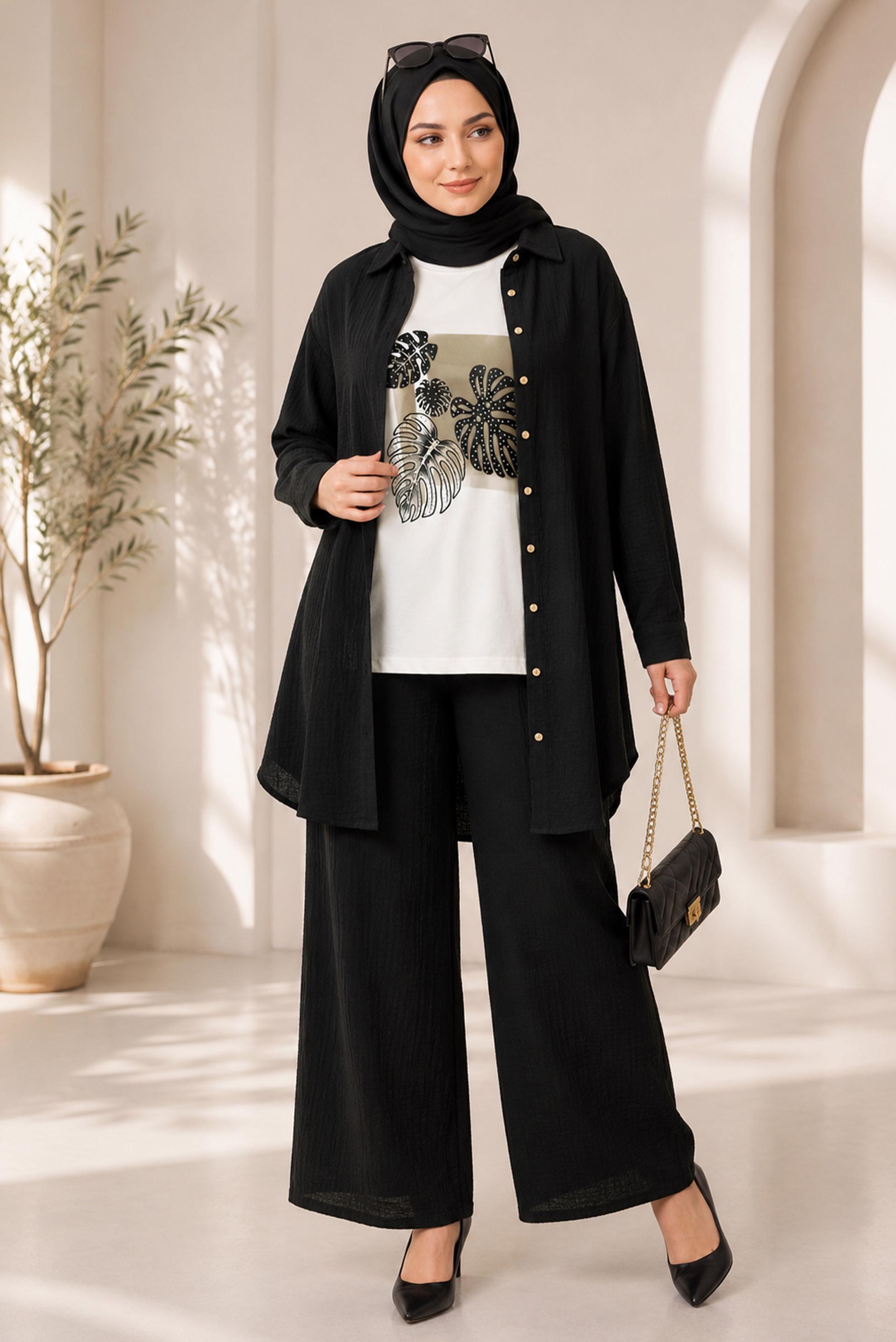Vêtements hijab NOIR ENSEMBLE PANTALON TROIS PIÈCES COL CHEMISE 21013