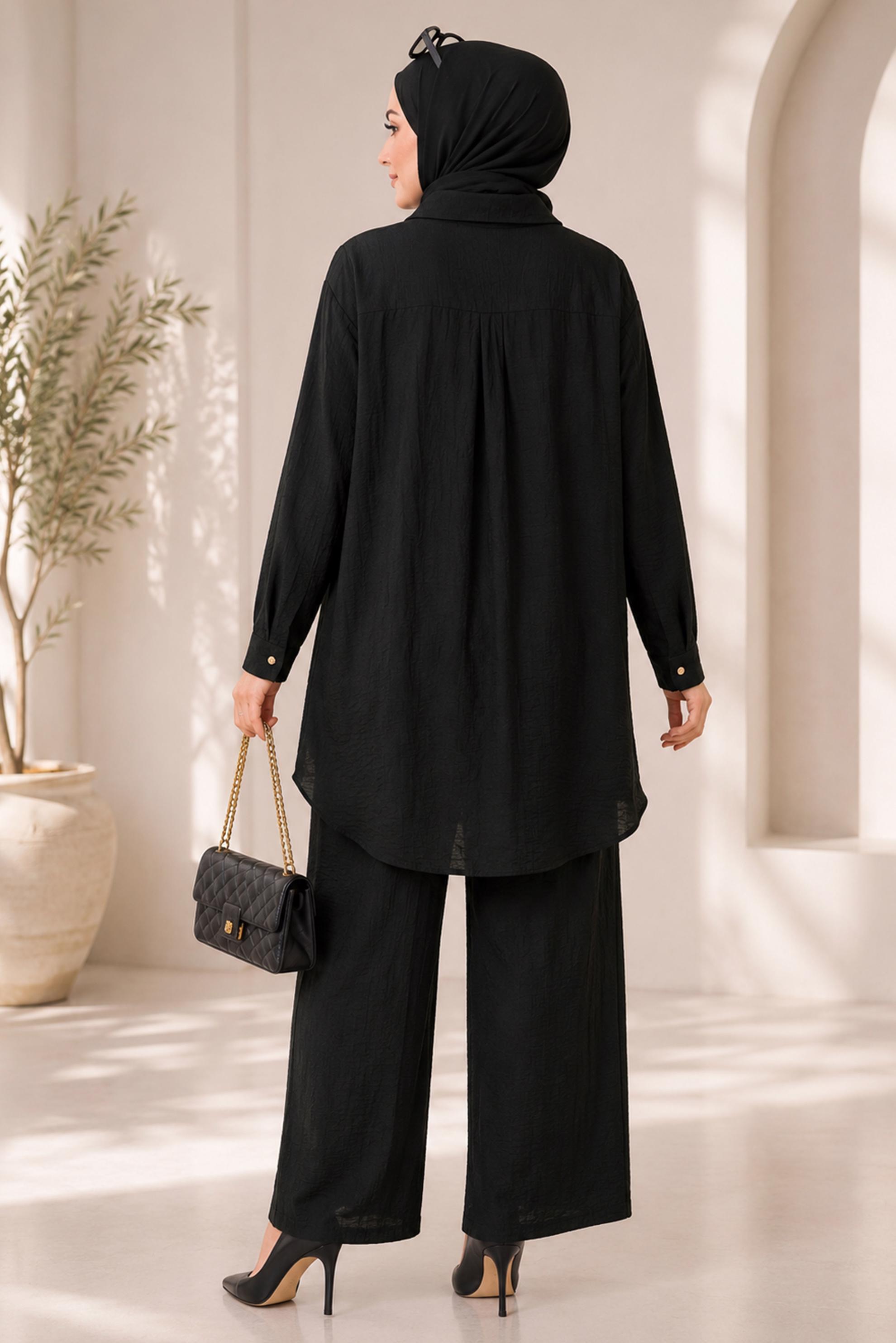Vêtements hijab NOIR ENSEMBLE PANTALON TROIS PIÈCES COL CHEMISE 21013
